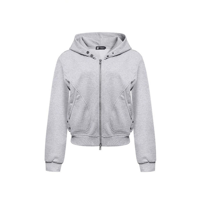 Damen Kurze taillierte Kapuzen-Sweatjacke mit Zwei-Wege-Reißverschluss und Eingrifftaschen Drune