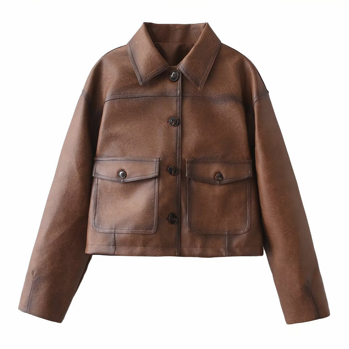 Damen Kurzjacke aus veganer Lederoptik im kastenförmigen Worker Look Drune