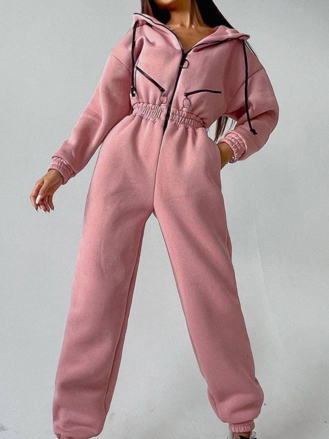 Damen Taillierter Kapuzen-Sweat-Jumpsuit mit Reißverschluss und elastischem Taillenbund Drune