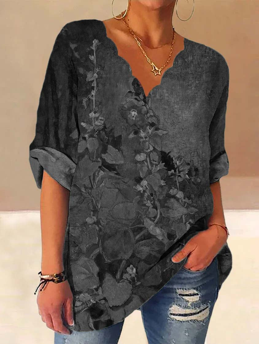 Damen Lockere Bluse mit Welligem V-Ausschnitt und Aquarell Floral Print Drune