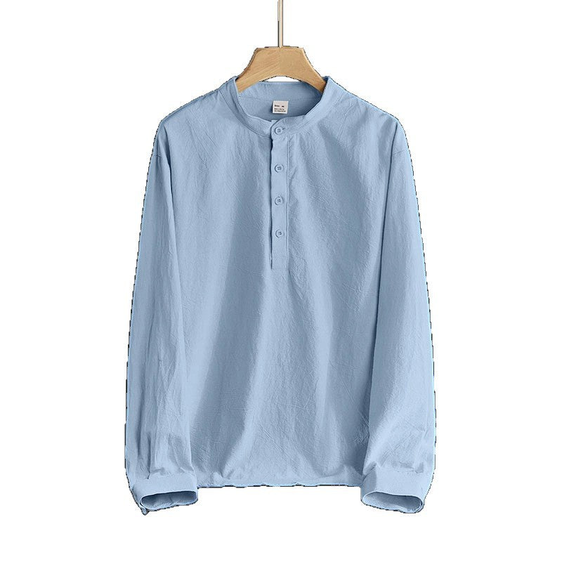 Herren Leinen-Mix Langarmshirt Henley mit Stehkragen Drune