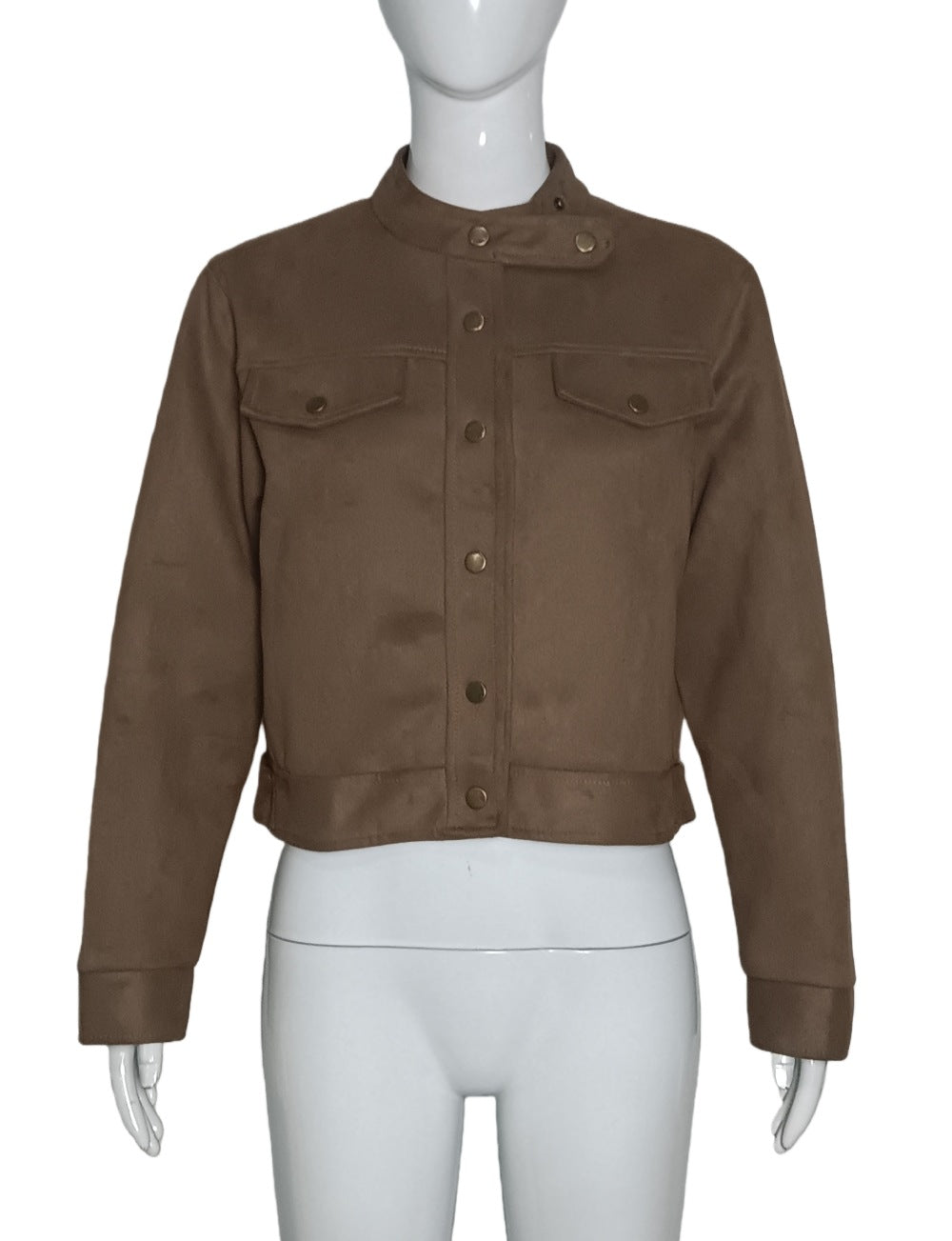 Damen Kurzjacke aus Wildlederoptik mit Stehkragen und Druckknöpfen Drune
