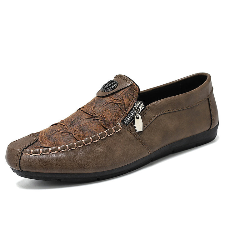 Herren elegante Lederoptik Slipper mit Zierreißverschluss, handgenähter Mokassinnaht und flexibler Komfortsohle Drune