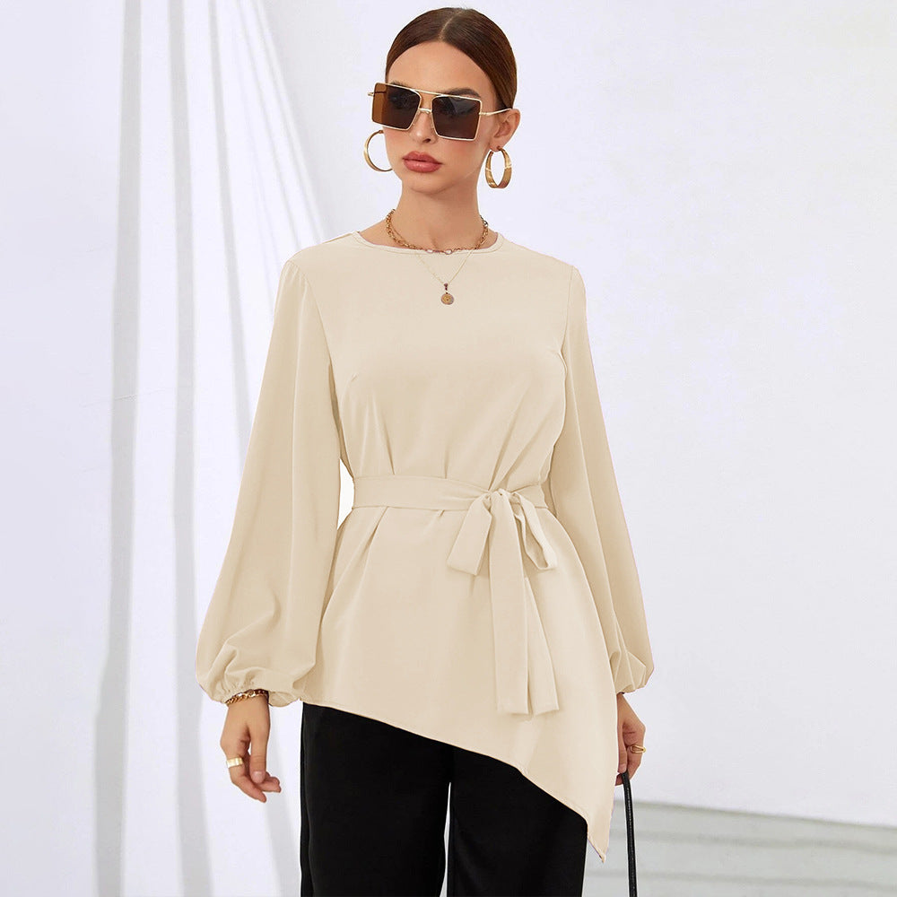 Damen asymmetrische Tunika-Bluse mit Ballonärmeln und Taillengürtel Drune