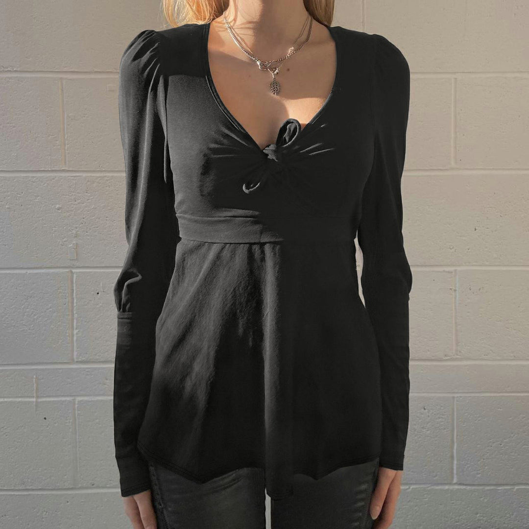 Damen Tailliertes Peplum-Top mit V-Ausschnitt, Knotendetail und Puffärmeln Drune