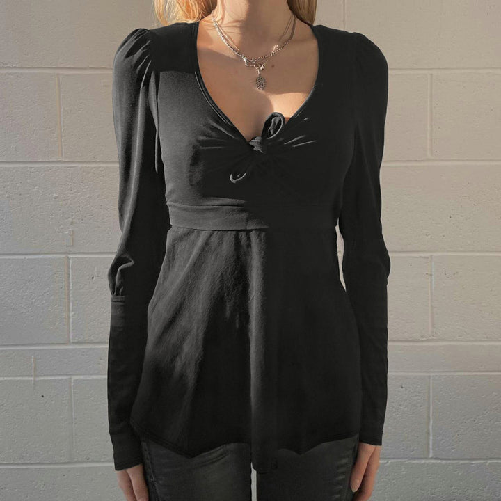 Damen Tailliertes Peplum-Top mit V-Ausschnitt, Knotendetail und Puffärmeln Drune