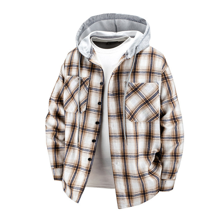 Herren -Layered-Flanell-Overshirt mit angenähter Kapuze und Brusttaschen Drune