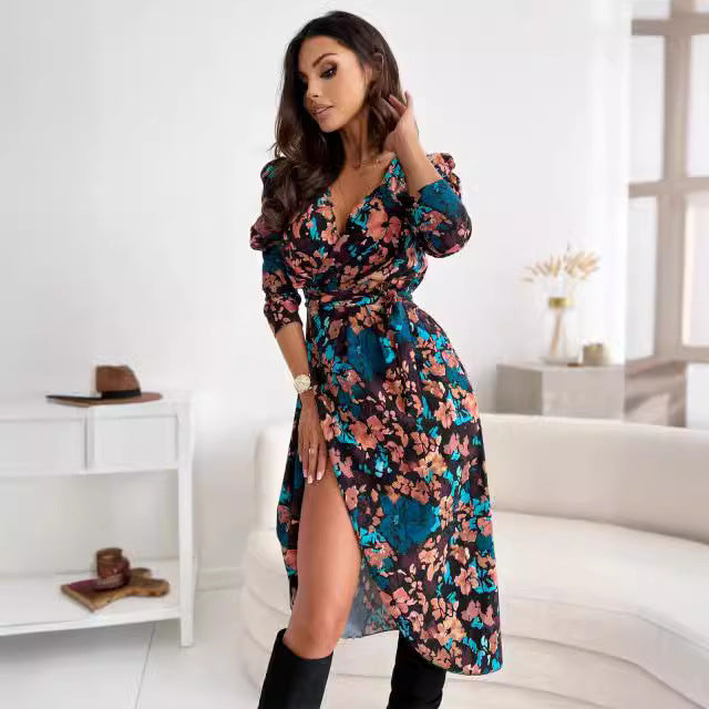 Damen Fließendes Wickelkleid mit floralem Design und tiefem Schlitz Drune