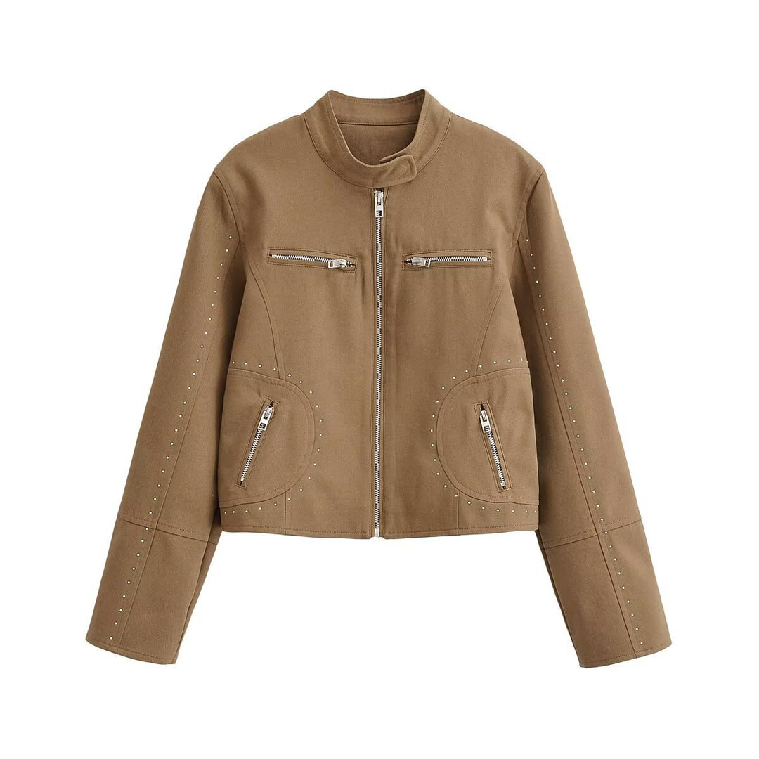 Damen Kurze Bikerjacke aus Wildlederimitat mit Nietenbesatz und Stehkragen Drune