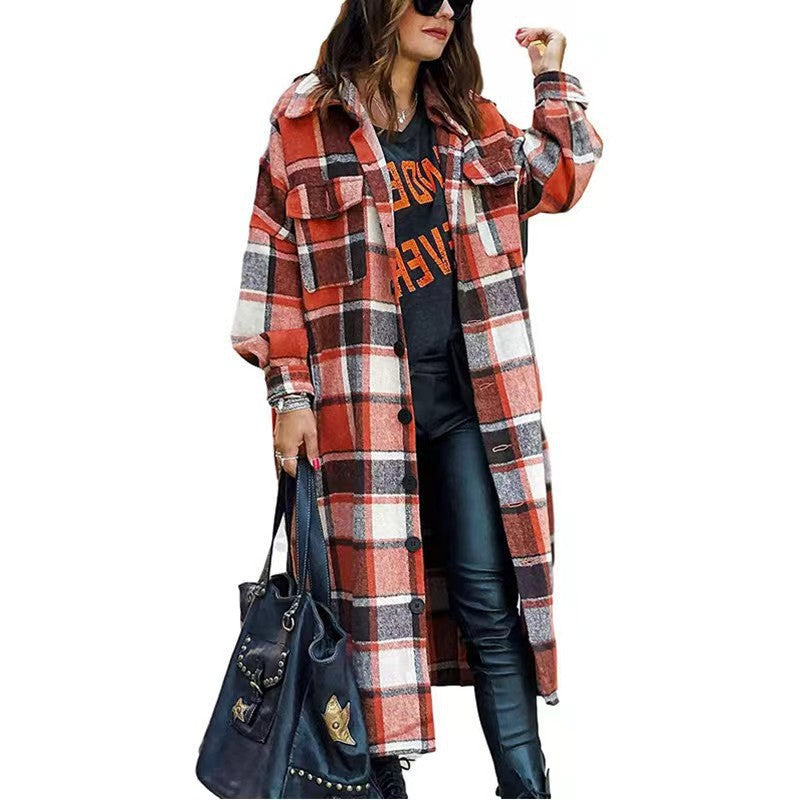 Damen Langarm-Wolljacke mit Karomuster und praktischen Taschen Drune