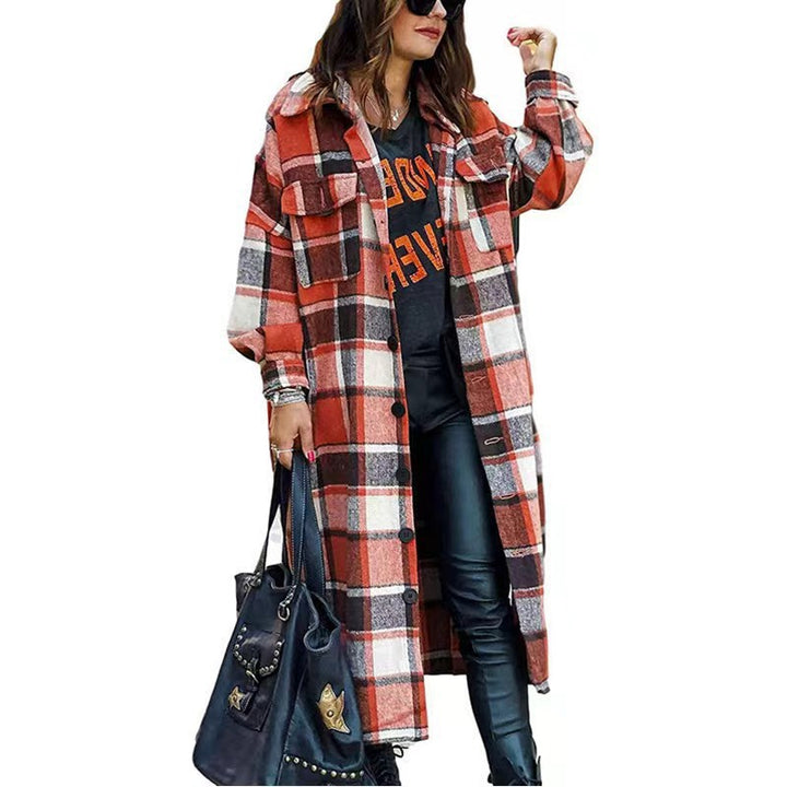 Damen Langarm-Wolljacke mit Karomuster und praktischen Taschen Drune