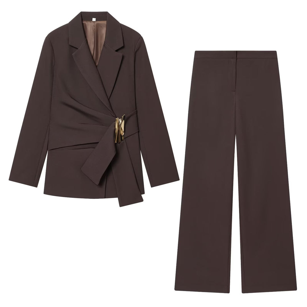 Damen Zweiteiliges Wickelblazer- und Palazzo-Anzugset mit Ziergürtel Drune