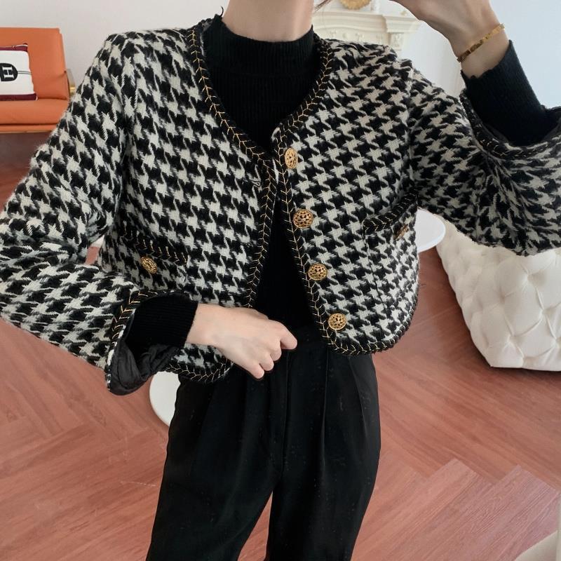 Damen Designer-Jacke im Hahnentritt-Design mit goldenen Knöpfen Drune