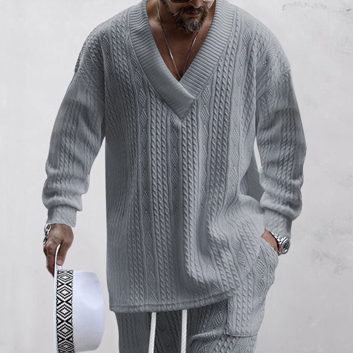 Herren Luxus Strickpullover mit V-Ausschnitt und modernen Zopfmustern Drune