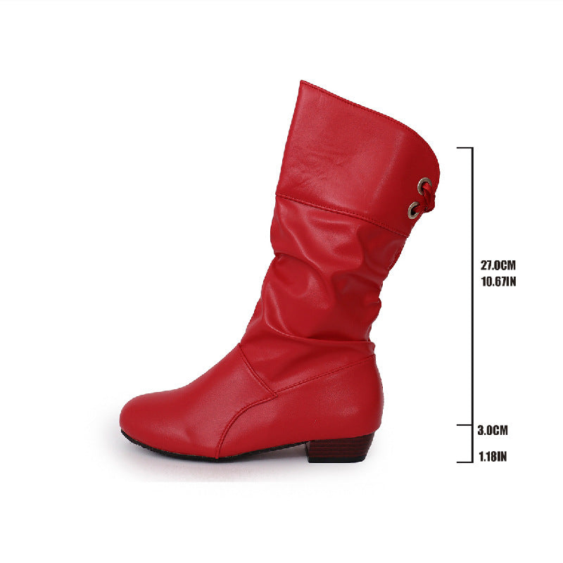 Damen nan midi Stiefel mit gerafftem Schaft, weichem Kunstleder und niedrigem Blockabsatz Drune