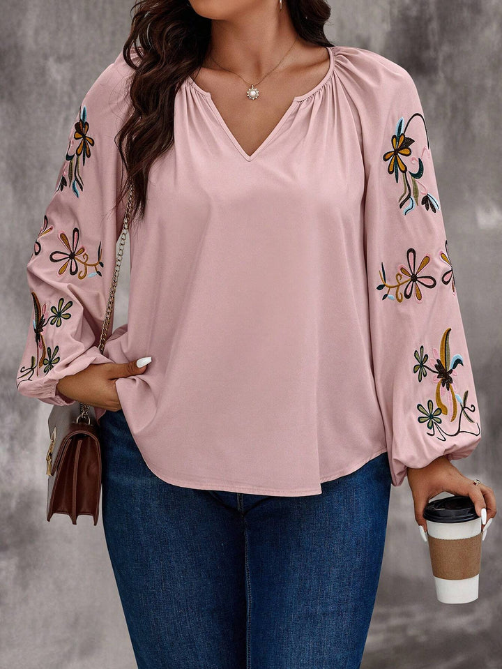 Damen Locker sitzende V-Ausschnitt Bluse mit floraler Stickerei an Ballonärmeln Drune