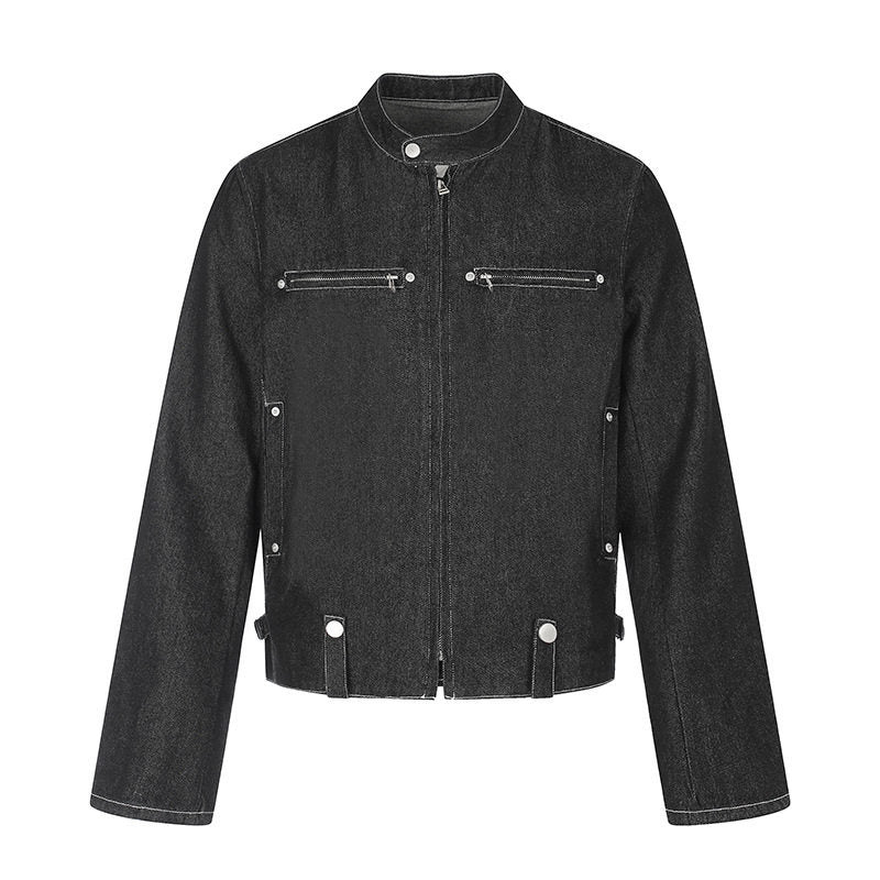 Damen kurze Denim-Bikerjacke mit Stehkragen, Reißverschluss und Druckknopfdetails Drune