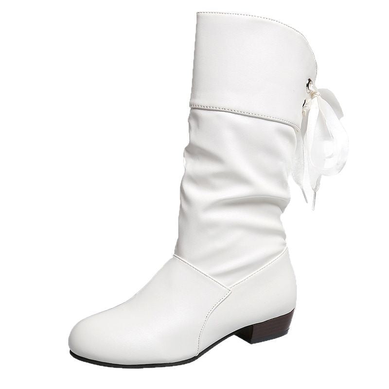 Damen  knielange Stiefel mit rückseitiger Schnürschleife, gerafftem Schaft und flachem Blockabsatz Drune