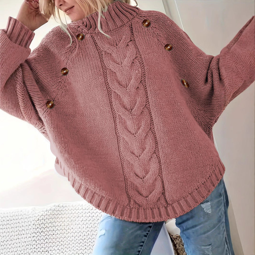 Damen Grober Strickpullover mit modernem Zopfdesign und praktischen Knöpfen Drune