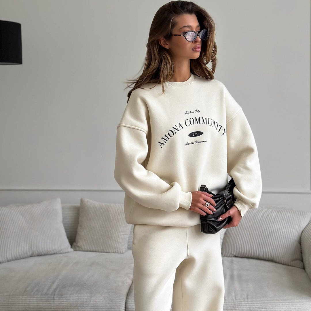 Damen weiches Oversize-College-Sweatshirt und hochgeschnittene weite Jogginghose Drune