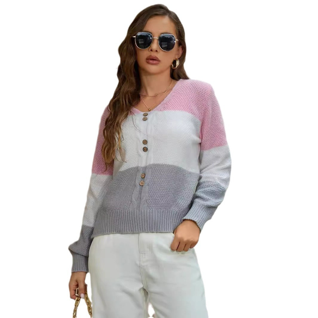 Damen modischer Strickpullover mit Knopfdetail und Farbverlauf Drune
