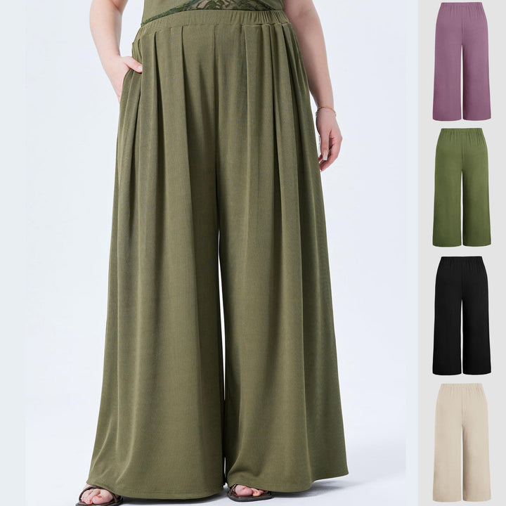 Damen Weite Feinstrick-Palazzohose mit hohem Elastikbund und Faltenfall Drune
