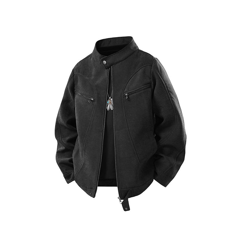 Herren Lässige Utility‑Jacke mit Stehkragen, Reißverschluss und Brusttaschen Drune