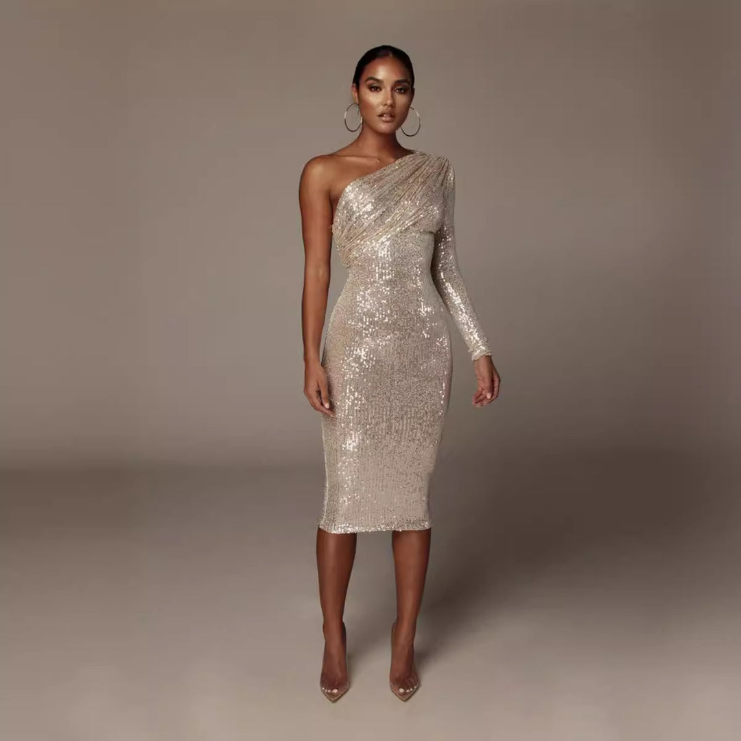 Damen Glitzerndes Etuikleid mit asymmetrischem Ausschnitt und langem Arm Drune