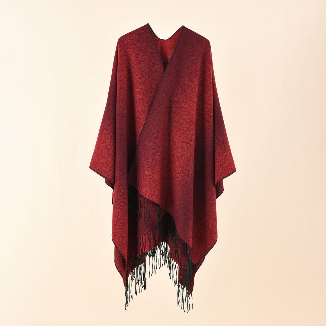 Damen Cape-Poncho aus leichtem Glanzstrick mit Ombre-Effekt und Fransensaum Drune