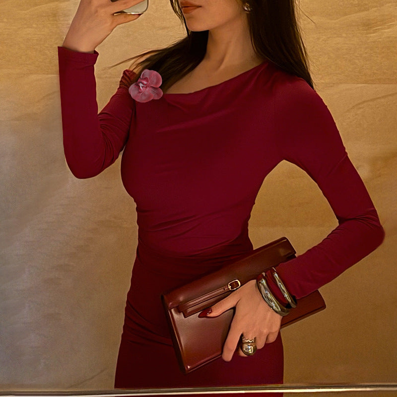 Damen Elegantes Maxikleid mit asymmetrischem Ausschnitt und figurbetontem Schnitt Drune