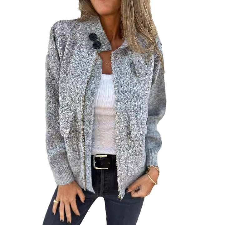 Damen weiche Strickjacke mit wärmeisolierendem Kragen und aufgesetzten Taschen Drune