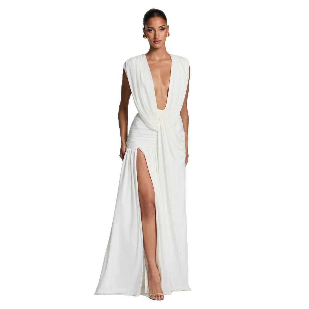 Damen Elegantes Wickelkleid mit tiefem V-Ausschnitt und gerafftem Rock Drune