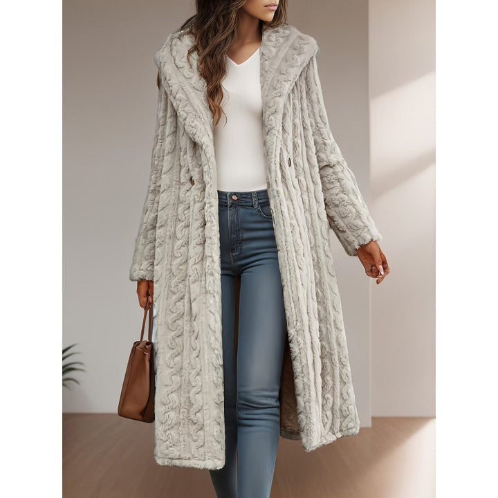 Damen Langer Strickmantel mit hohem Kragen und flauschiger Textur Drune