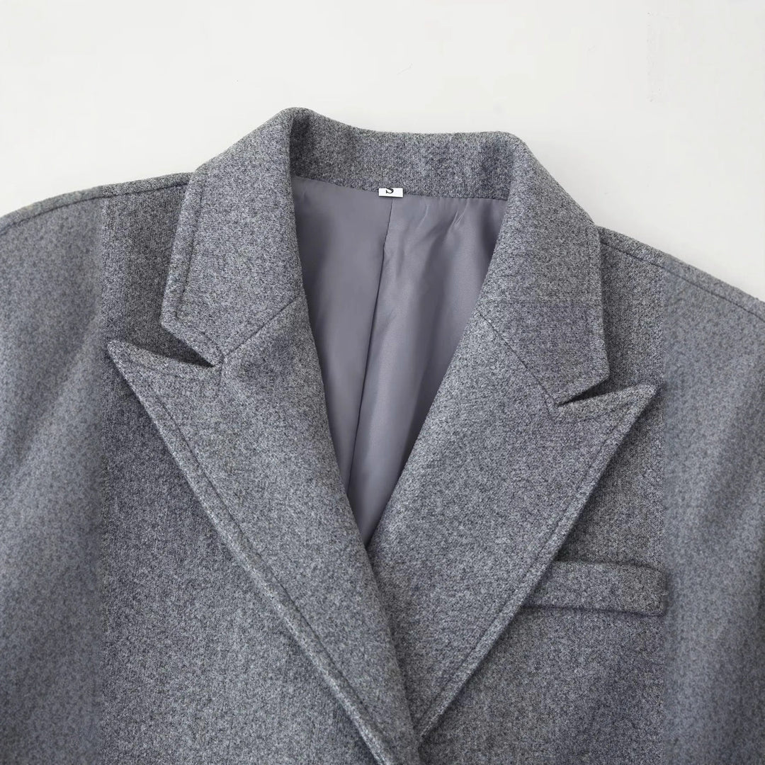 Damen nan langer zweireihiger Wollmix Mantel mit Fransenabschluss und Pattentaschen Drune