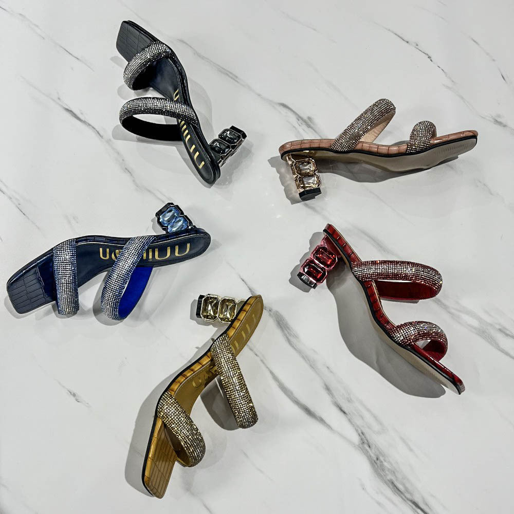 Damen Glamouröse Sandalen mit funkelnden Riemen und einzigartigem Blockabsatz Drune