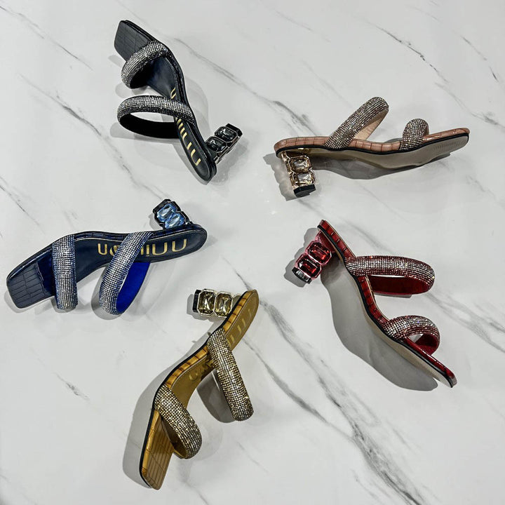 Damen Glamouröse Sandalen mit funkelnden Riemen und einzigartigem Blockabsatz Drune