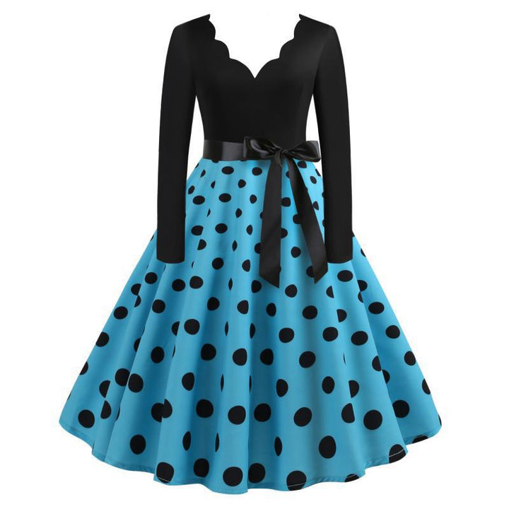 Damen Retro-Swingkleid mit welligem Ausschnitt, taillierter Satin-Schärpe und Tellerrock Drune