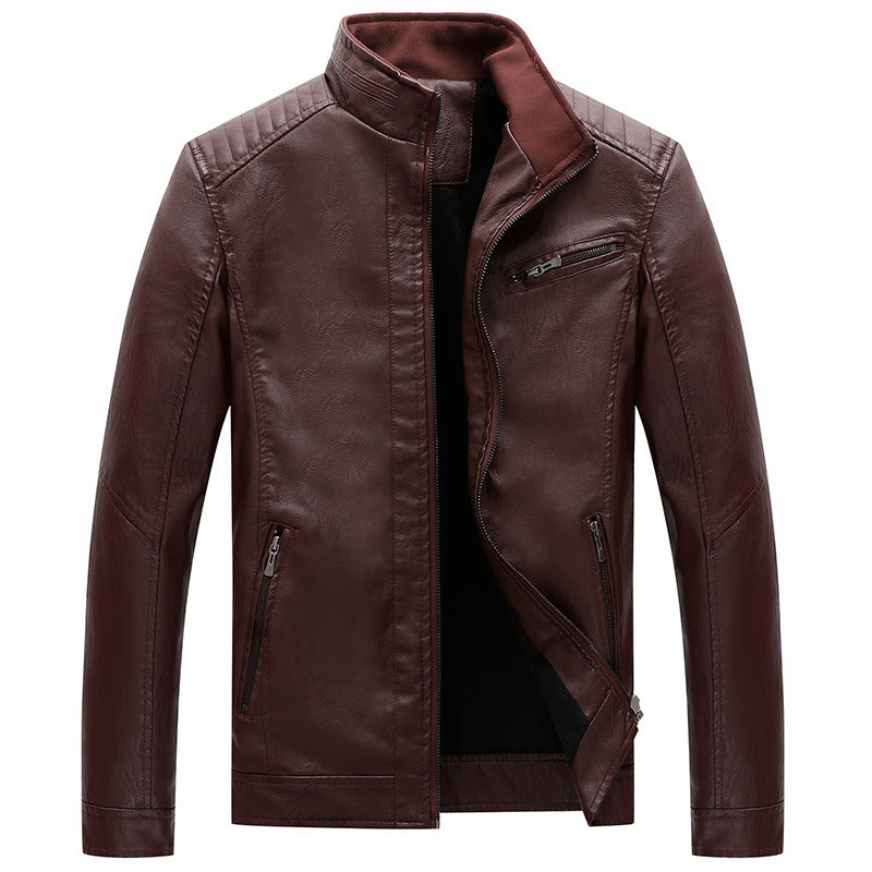 Herren Slim-Fit Lederoptik-Motojacke mit Stehkragen und Reißverschlusstaschen Drune