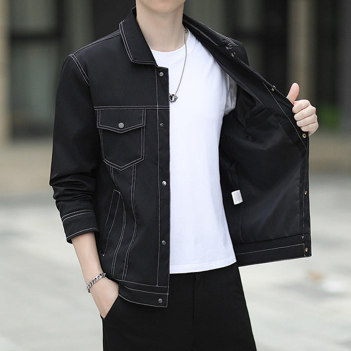 Herren leichte Canvas-Truckerjacke mit sichtbaren Kontrastnähten und Brustpattentaschen Drune