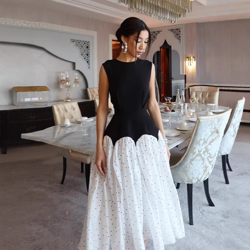 Damen elegantes Maxikleid mit gepunktetem Rockteil und tailliertem Oberteil Drune