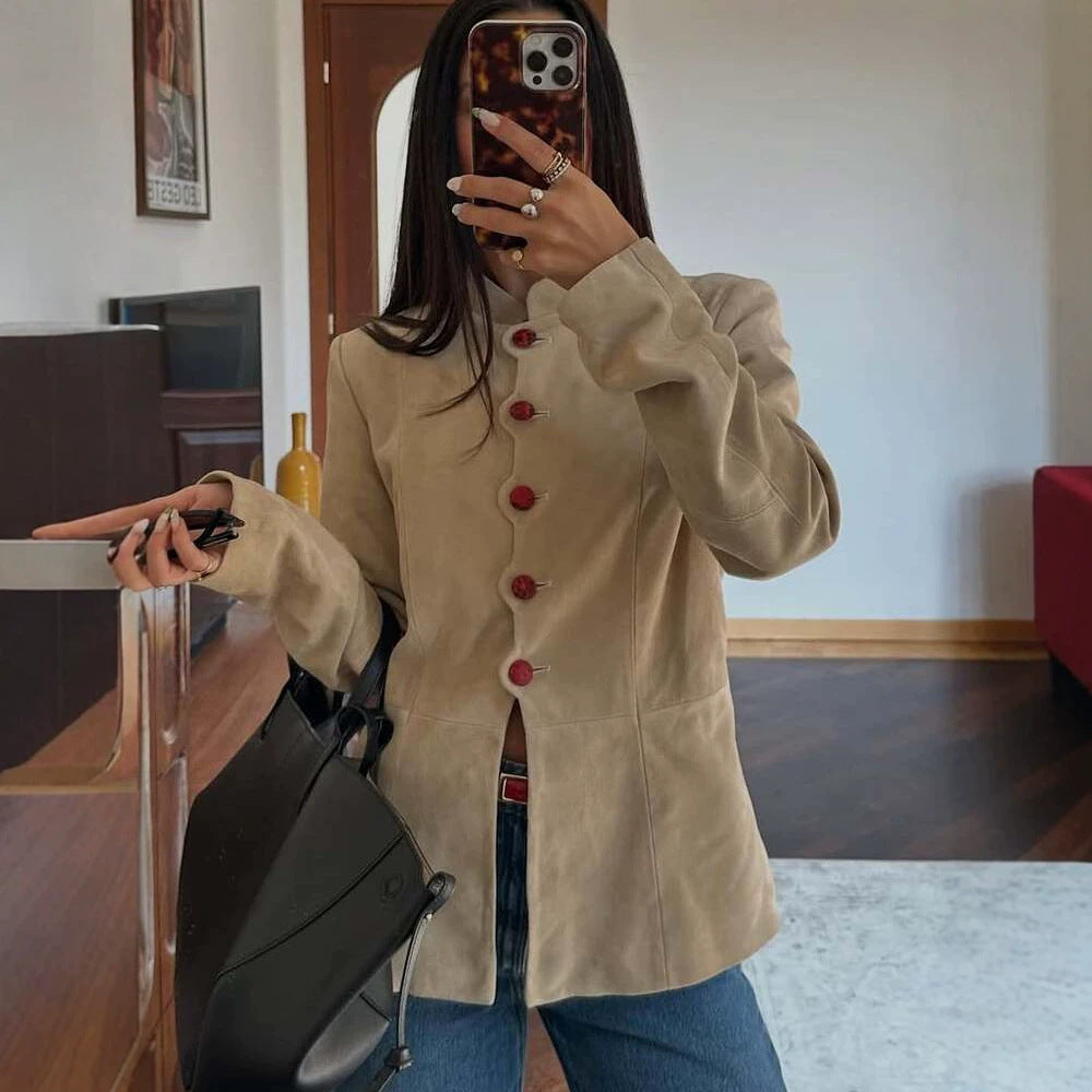 Damen Taillierter Wildleder-Blazer mit Stehkragen und Zierknöpfen Drune
