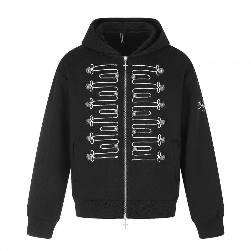 Unisex Reißverschluss-Kapuzenjacke im Military-Look mit Kordelstickerei und Kreuz-Zipper Drune