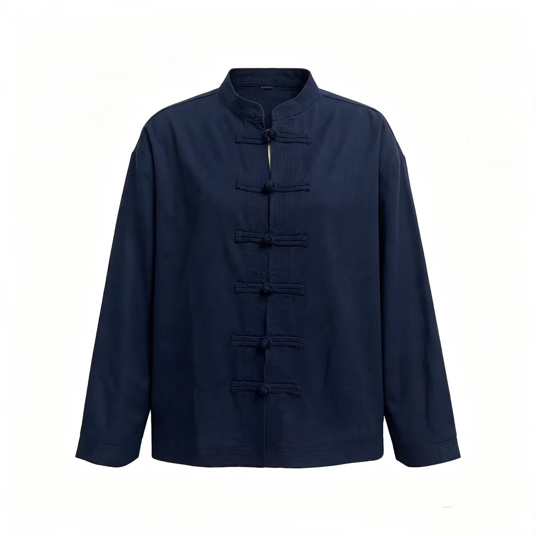 Damen Locker geschnittene Bluse im Mandarin‑Look mit Knotenknöpfen Drune