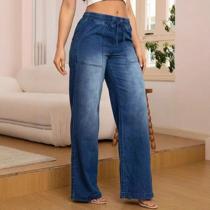 Damen weite Denim-Hose mit elastischem Bund und seitlichen Taschen Drune