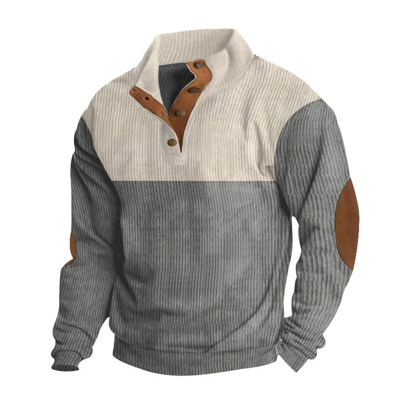 Herren nan Rippenstrickpullover mit Stehkragen Knopfleiste und Leder-Ellbogenpatches Drune