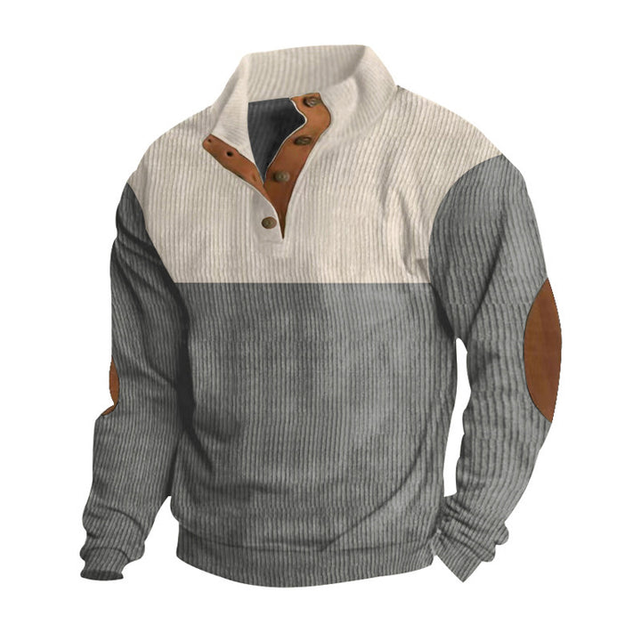 Herren nan Rippenstrickpullover mit Stehkragen Knopfleiste und Leder-Ellbogenpatches Drune