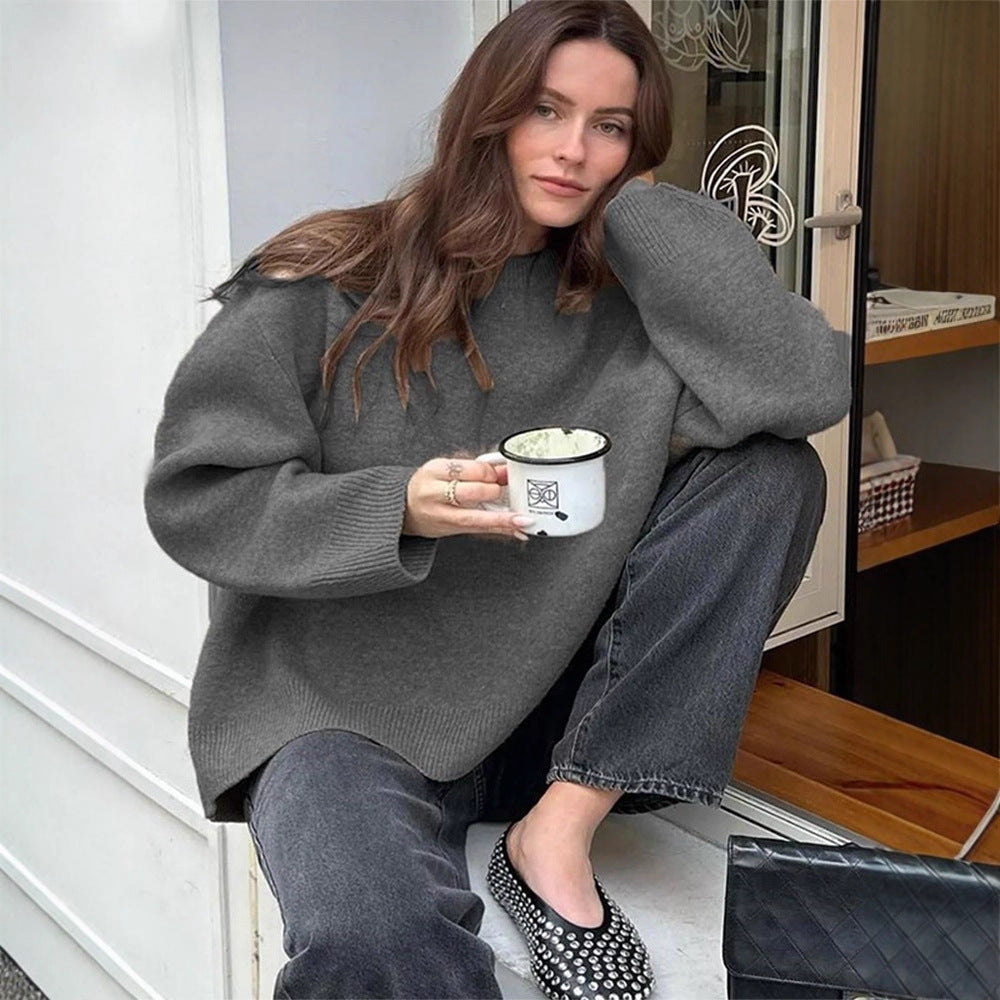 Damen Oversized Feinstrick-Pullover mit Rundhalsausschnitt und Ballonärmeln Drune