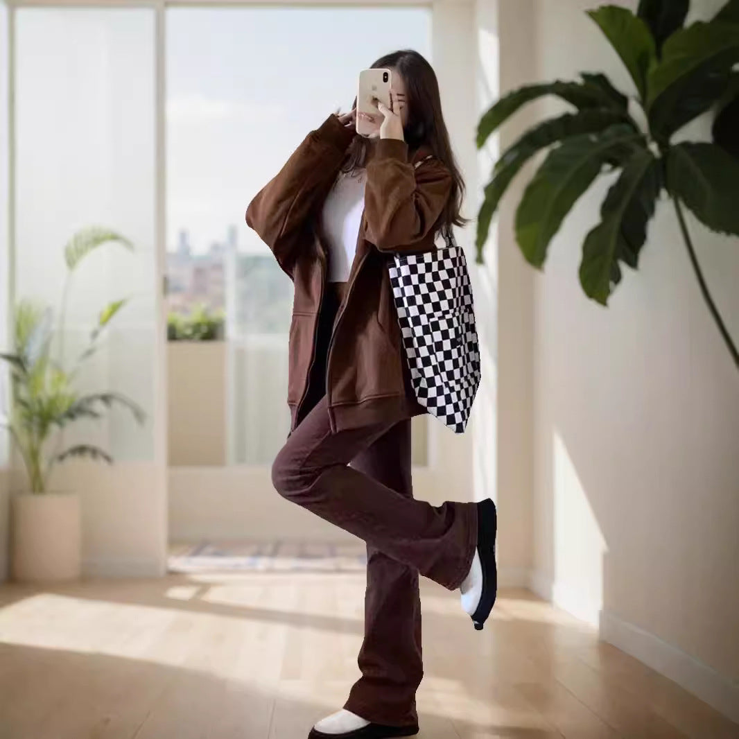 Damen nan extrabreite Zip-Kapuzenjacke mit weichem Fleecefutter, Kängurutaschen und gerippten Bündchen Drune