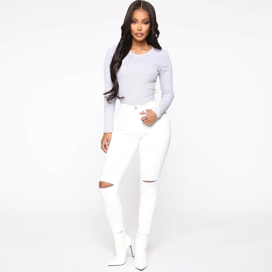 Damen High-Waist Skinny-Jeans mit Knie-Rissen und figurformendem Schnitt Drune