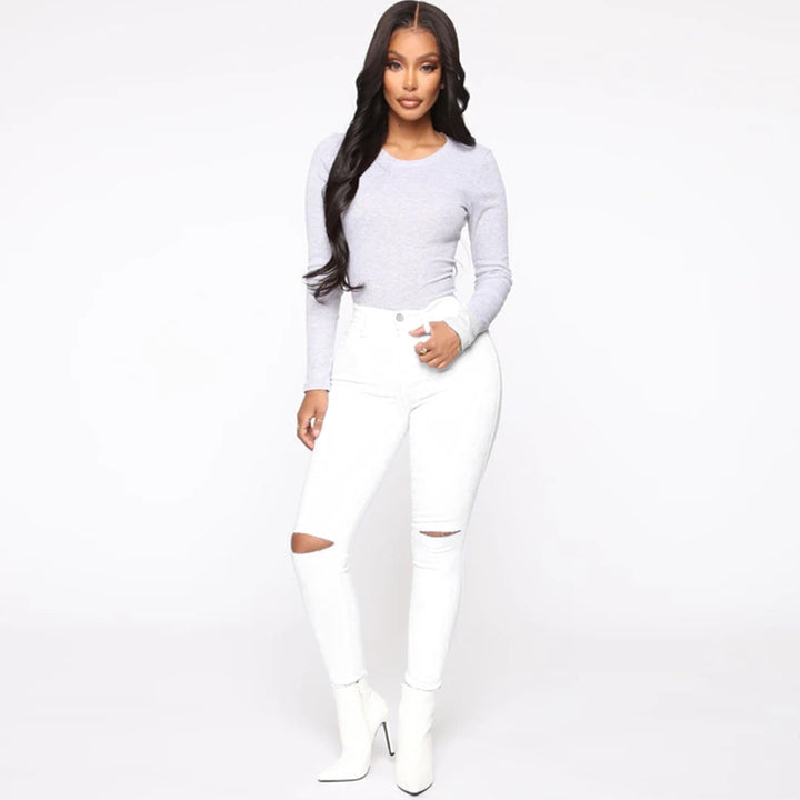 Damen High-Waist Skinny-Jeans mit Knie-Rissen und figurformendem Schnitt Drune
